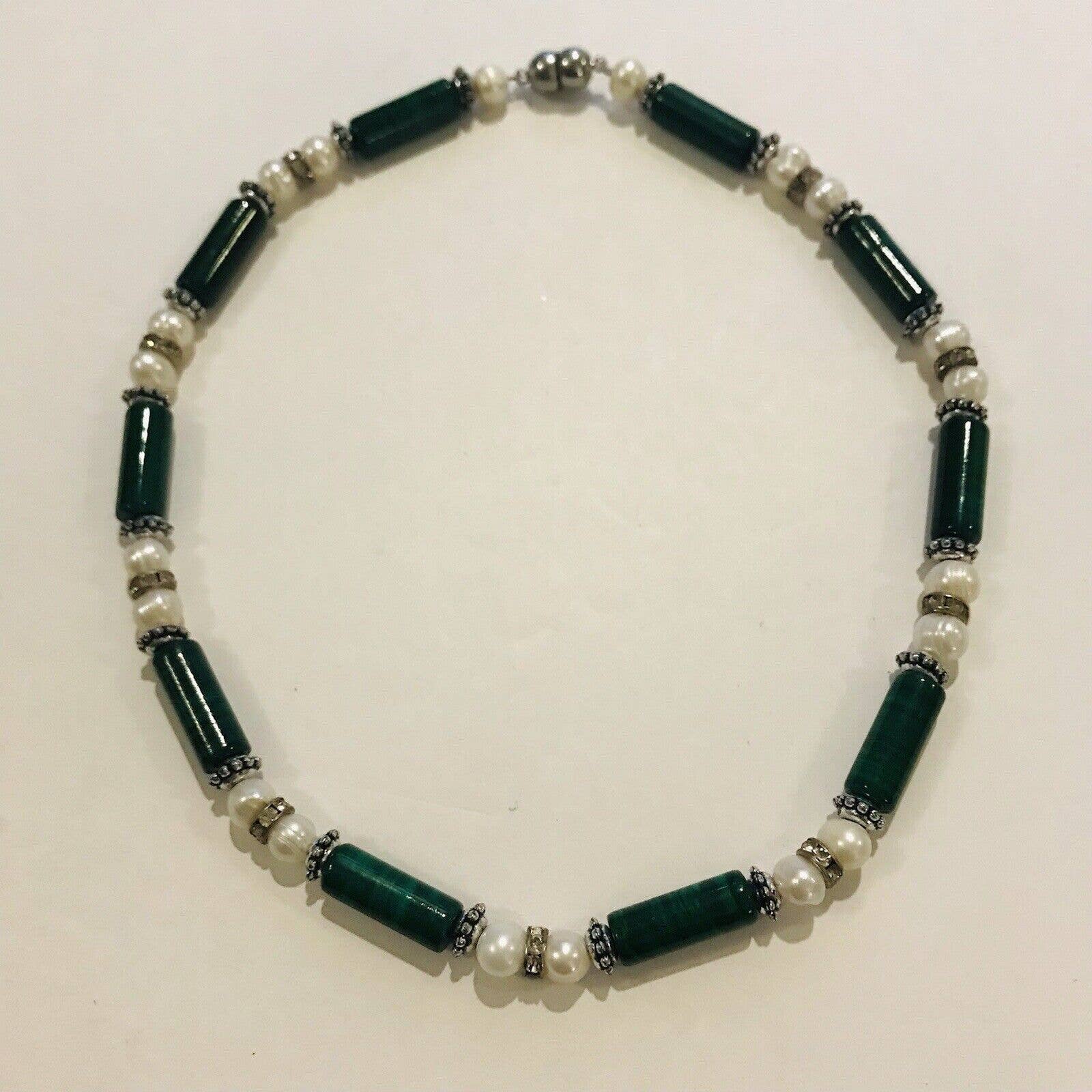 Handmade Green Marble Beaded Necklace Freshwater Pearl Rhinestone Magnet Clasp 16$